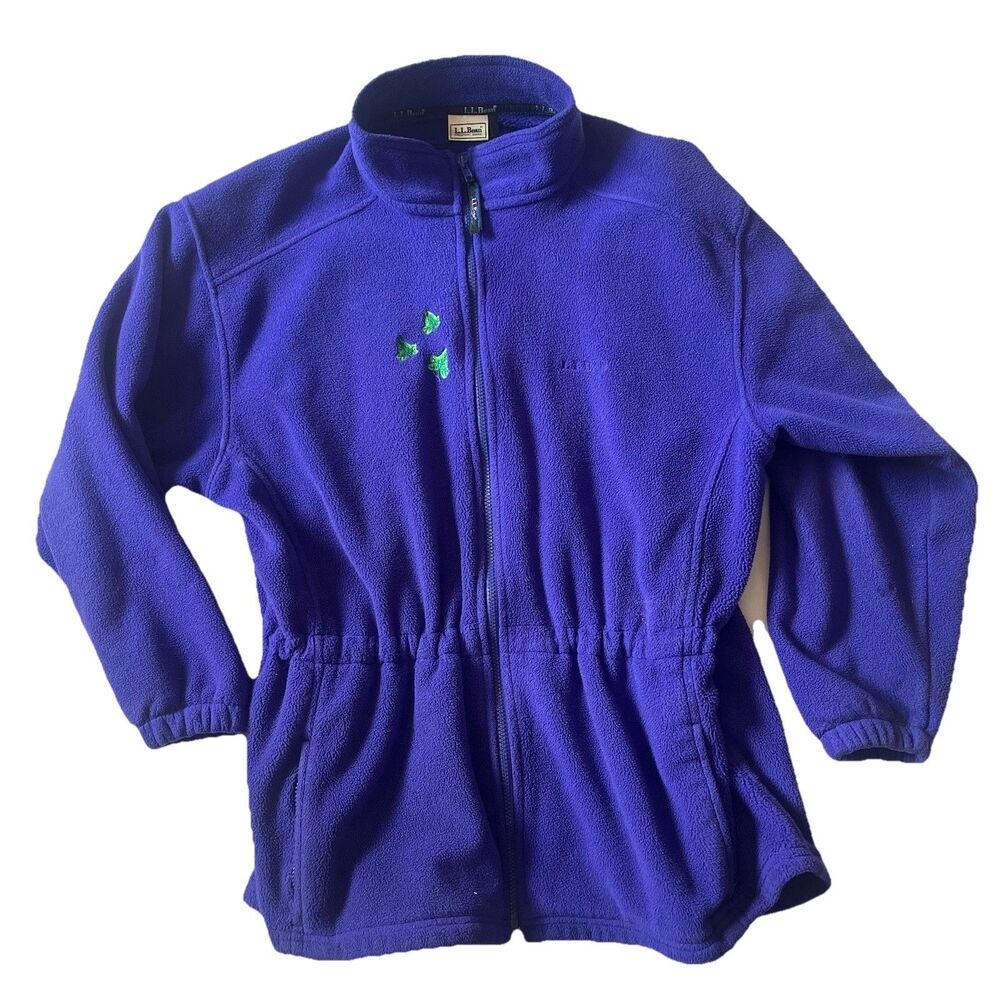 VTG LL Bean Fleece Jacket Full Zip Hooded Mid Length Cinch Waist Purple Leaves